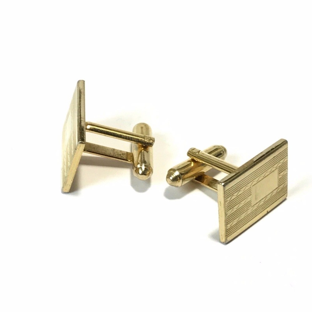 Vintage Shields Gold Tone Rectangular Striped Textured Cuff Links Men's Cufflink - Picture 2 of 5